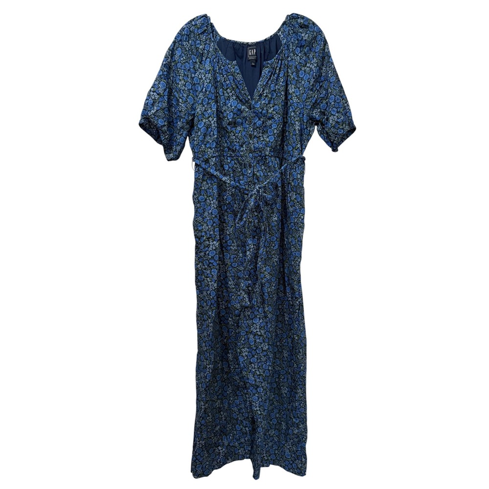 Gap Maternity Blue Floral V-Neck Short Sleeve Tie Waist Wide Leg Jumpsuit Large